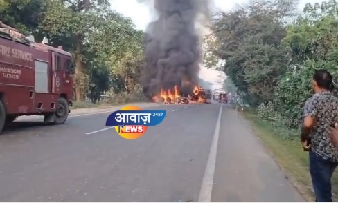 भागलपुर : ट्रक-मिनी ट्रक में जबरदस्त टक्कर , लगी आग चालक गंभीर रूप से घायल